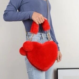 Red Heart-Shaped Faux Fur Bag